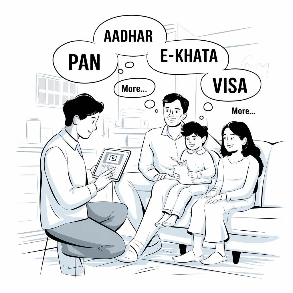 Document services including Aadhaa, PAN, E-Khata, and Visa