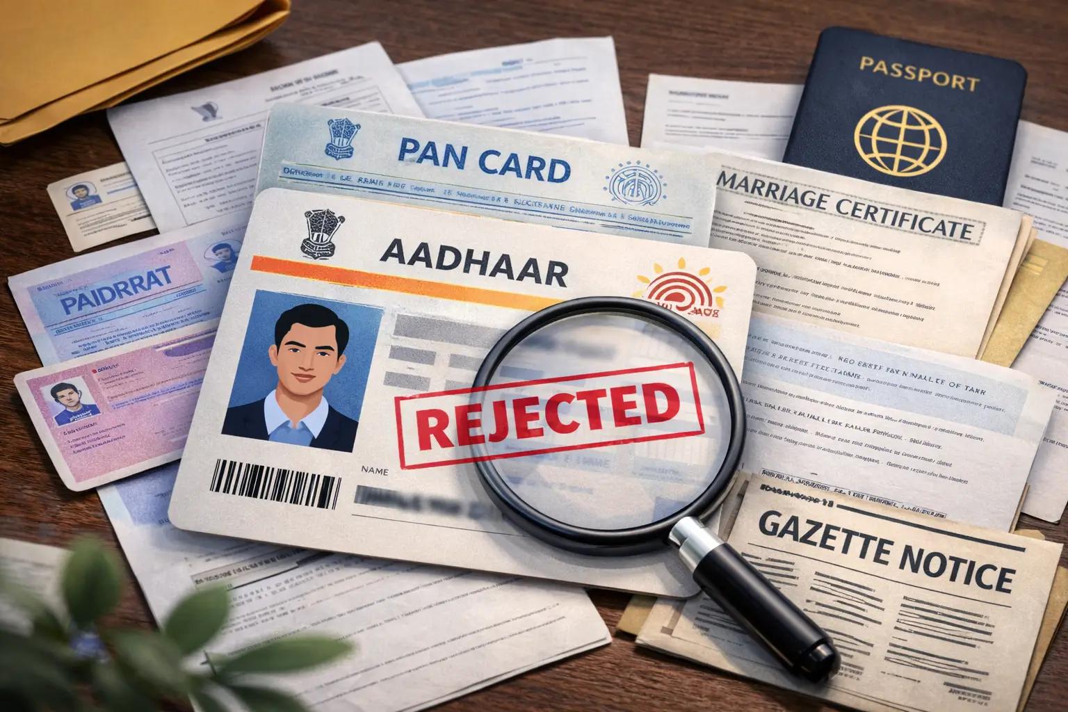 Featured image for "Aadhaar Name Correction Rules 2026 – UIDAI Approved Changes, Rejection Reasons & Fix Guide"
